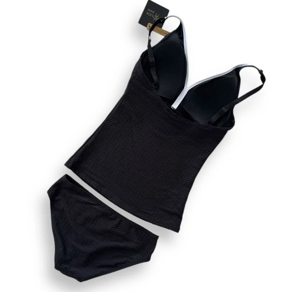 Audrey Omega Texture 2pc Shaping Tankini Black Wm Sz 4 Sewn-in-place molded cups